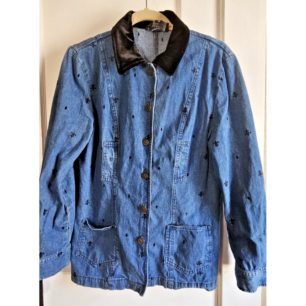 Vintage PG collections velvet collar embroidery allover denim jacket woman Sz 10
